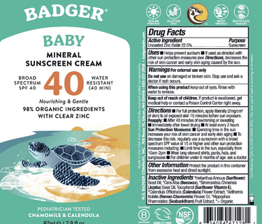Badger SPF 40 Baby Mineral Sunscreen Cream * Badger Supplement - Conners Clinic